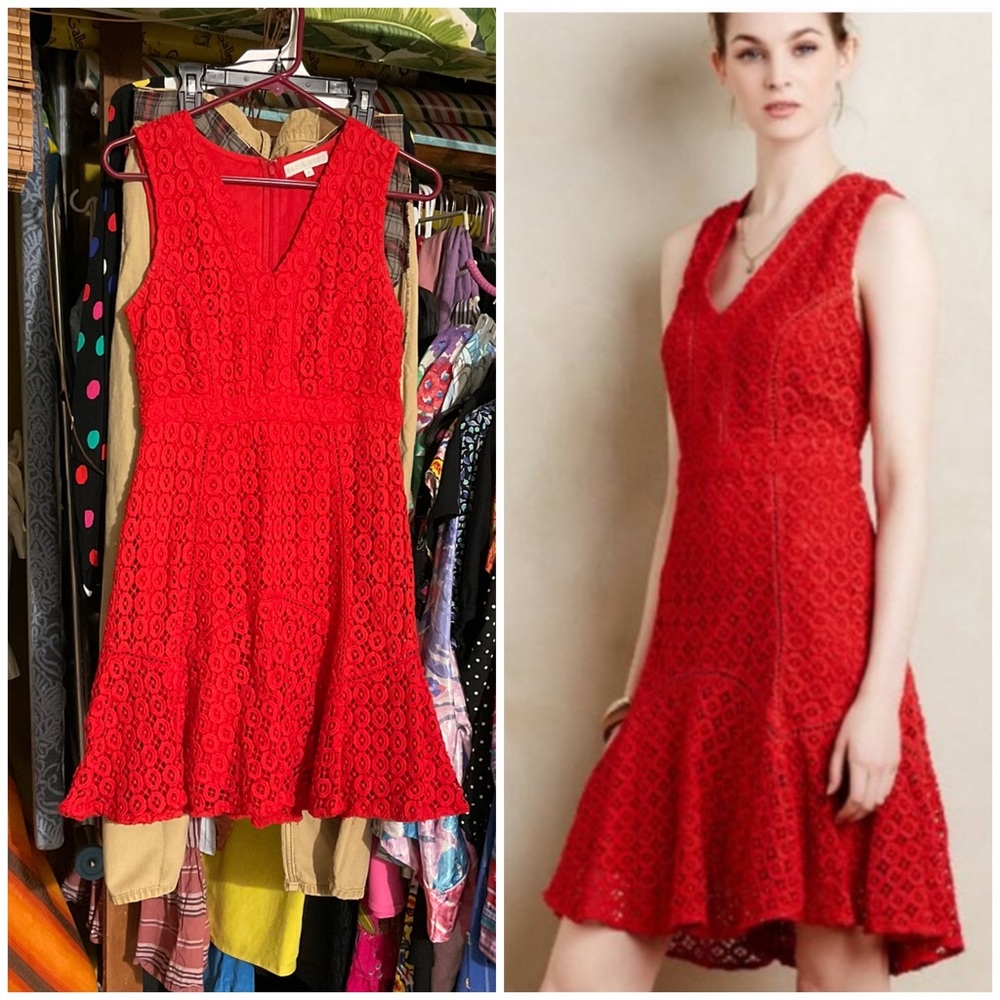 Anthropologie Vibrant Red Lace Midi Dress